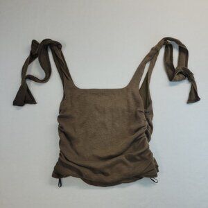 Free People Boulevard Tank Top M Ribbed Crop Shoulder Bow Tie Ruched Green Boho